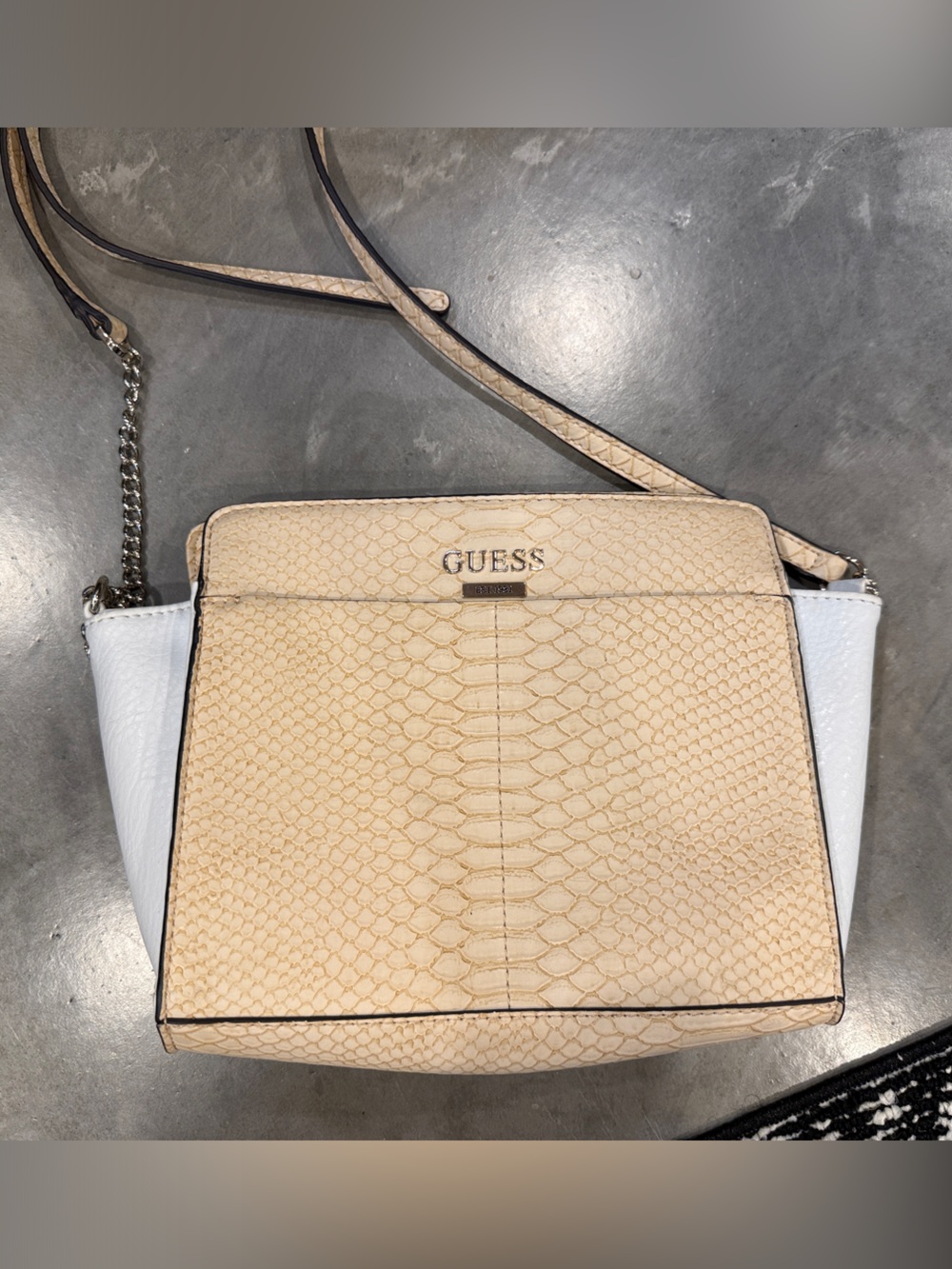 GUESS Beige Snake-Effect and White Crossbody with Chain Strap